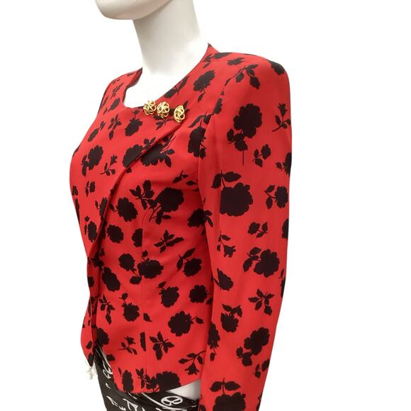 VTG Constance Saunders Blazer Women’s SZ 2 Flower Print Lined Gold Buttons Red - Picture 2 of 5